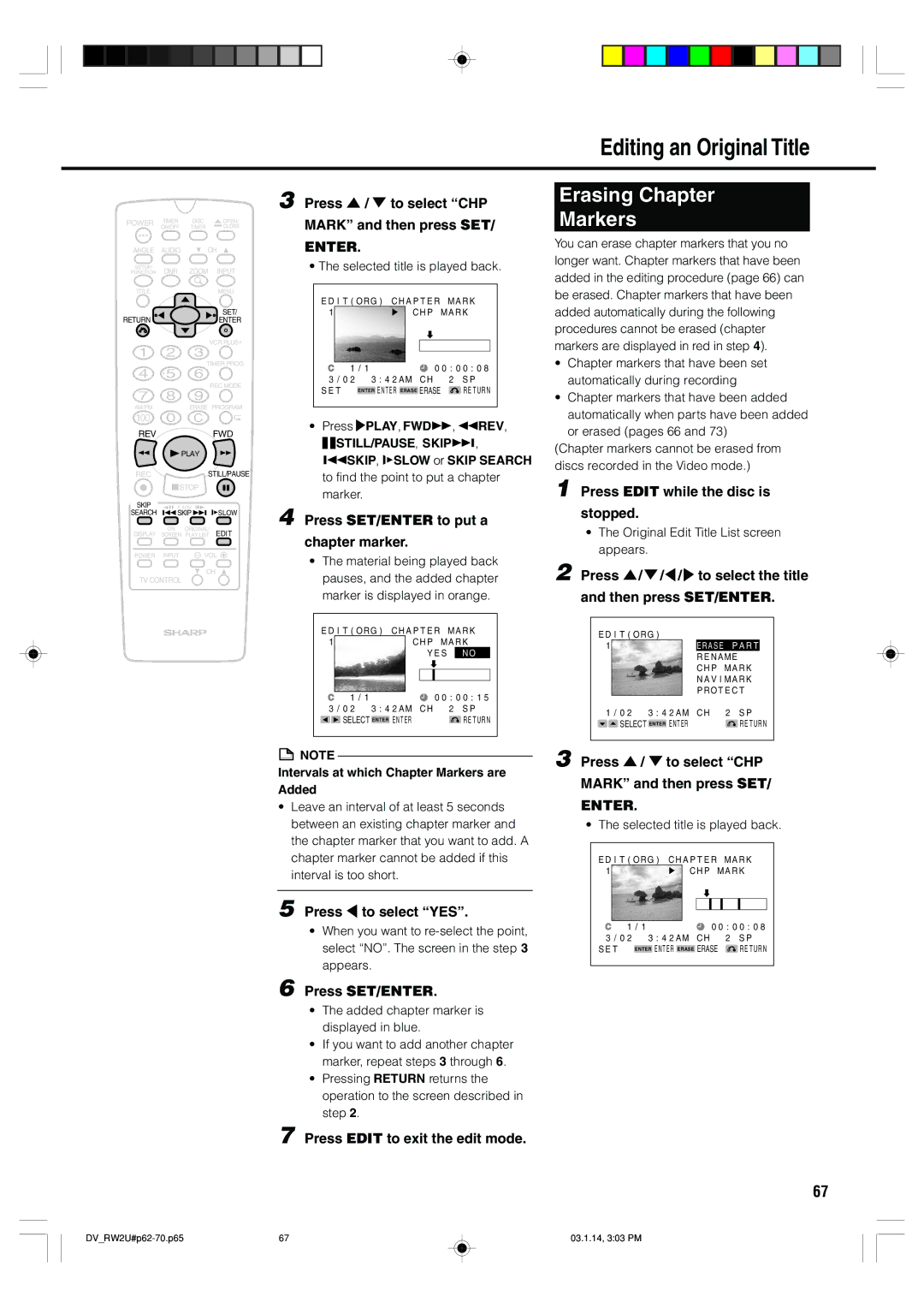 Sharp DV-RW2U manual Erasing Chapter, Markers 