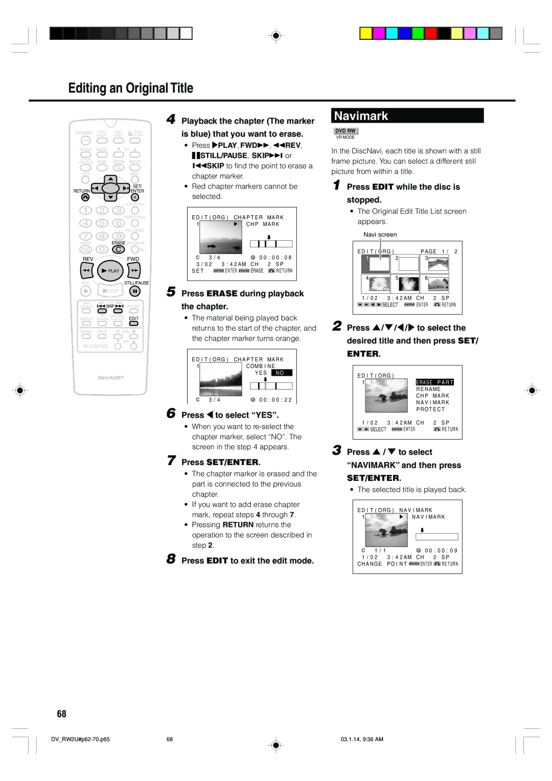 Sharp DV-RW2U manual Navimark, Set/Enter 