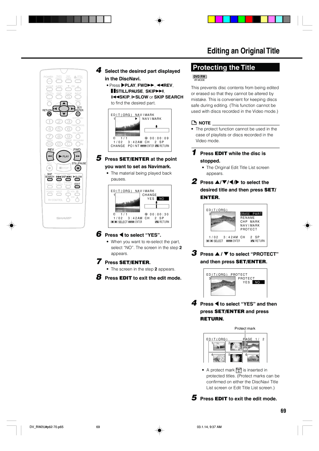 Sharp DV-RW2U manual Protecting the Title, Return 