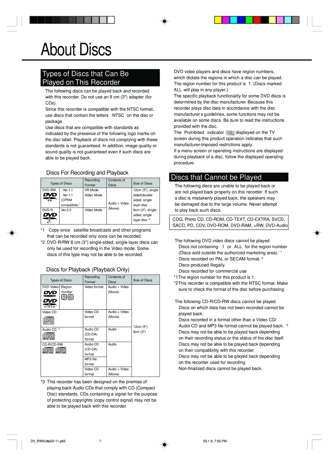 Sharp DV-RW2U manual About Discs, Types of Discs that Can Be Played on This Recorder, Discs that Cannot be Played 