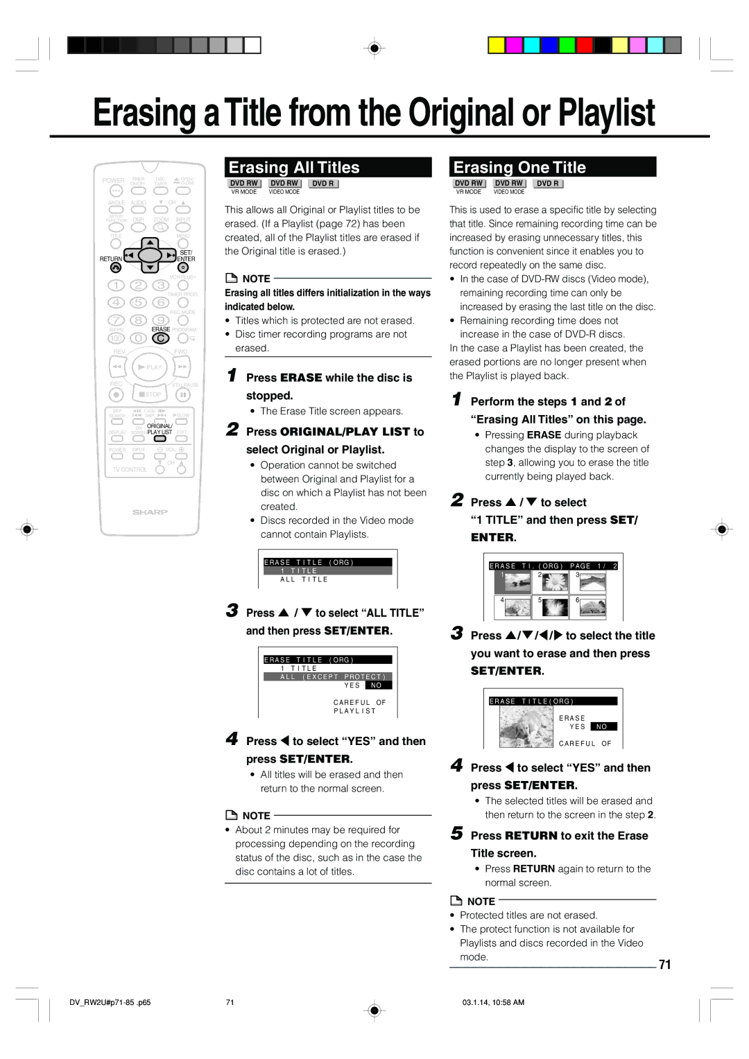 Sharp DV-RW2U manual Erasing All Titles, Erasing One Title 