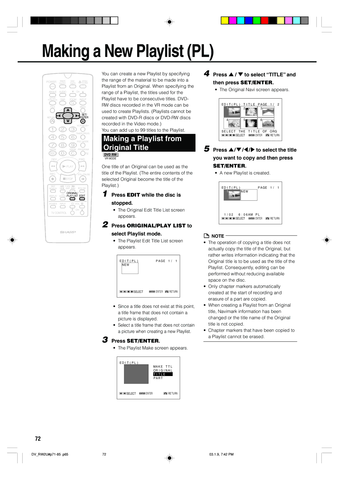 Sharp DV-RW2U manual Making a New Playlist PL, Making a Playlist from Original Title 