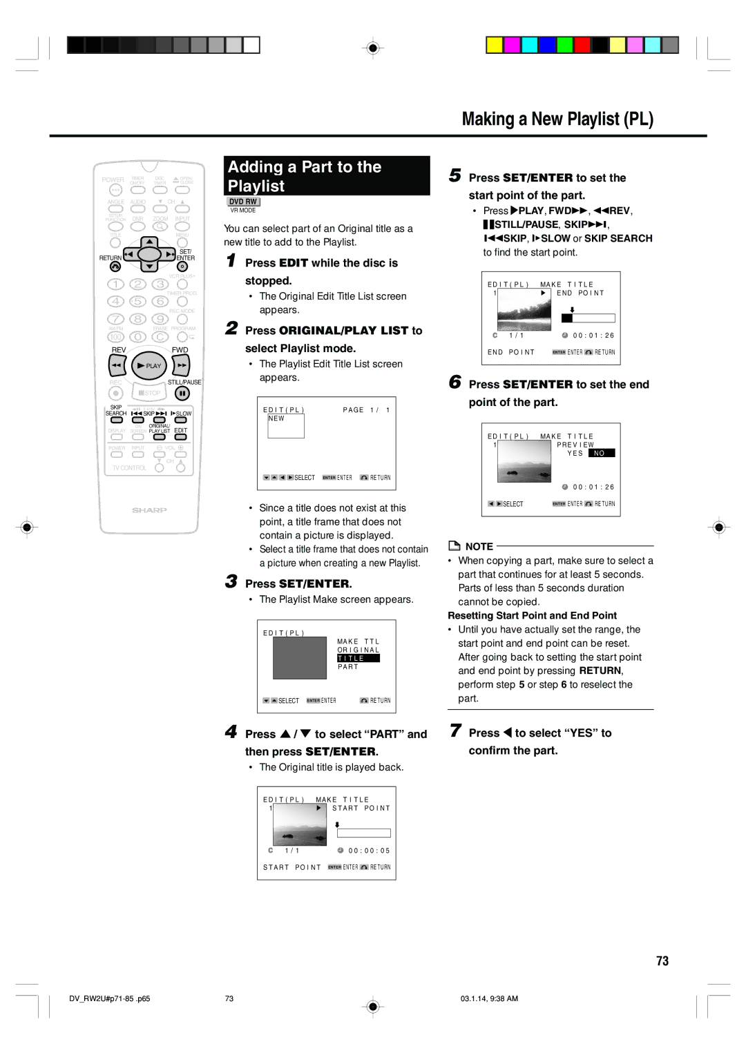 Sharp DV-RW2U manual Making a New Playlist PL, Adding a Part to Playlist, Press SET/ENTER to set Start point of the part 