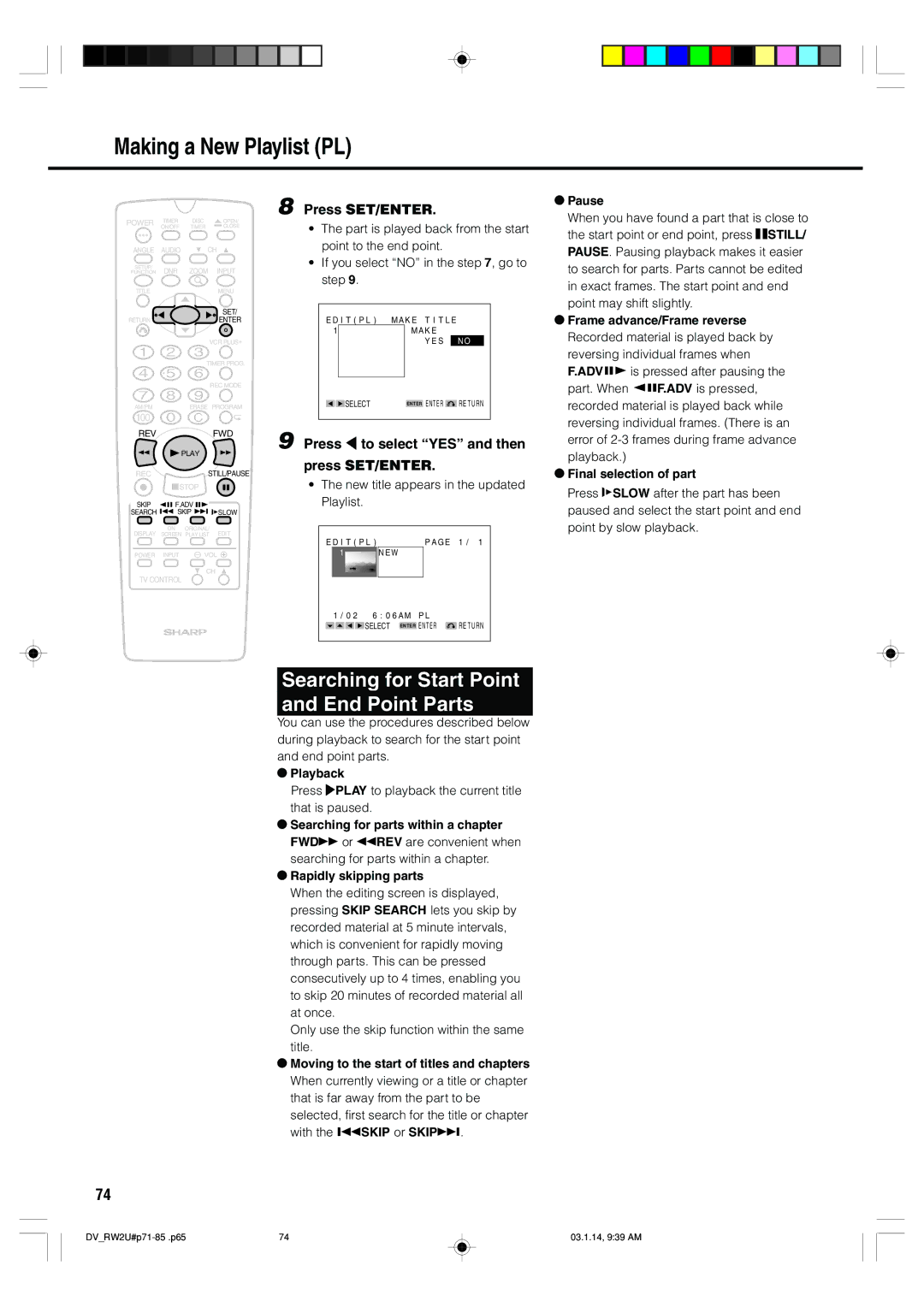 Sharp DV-RW2U manual Searching for Start Point End Point Parts 