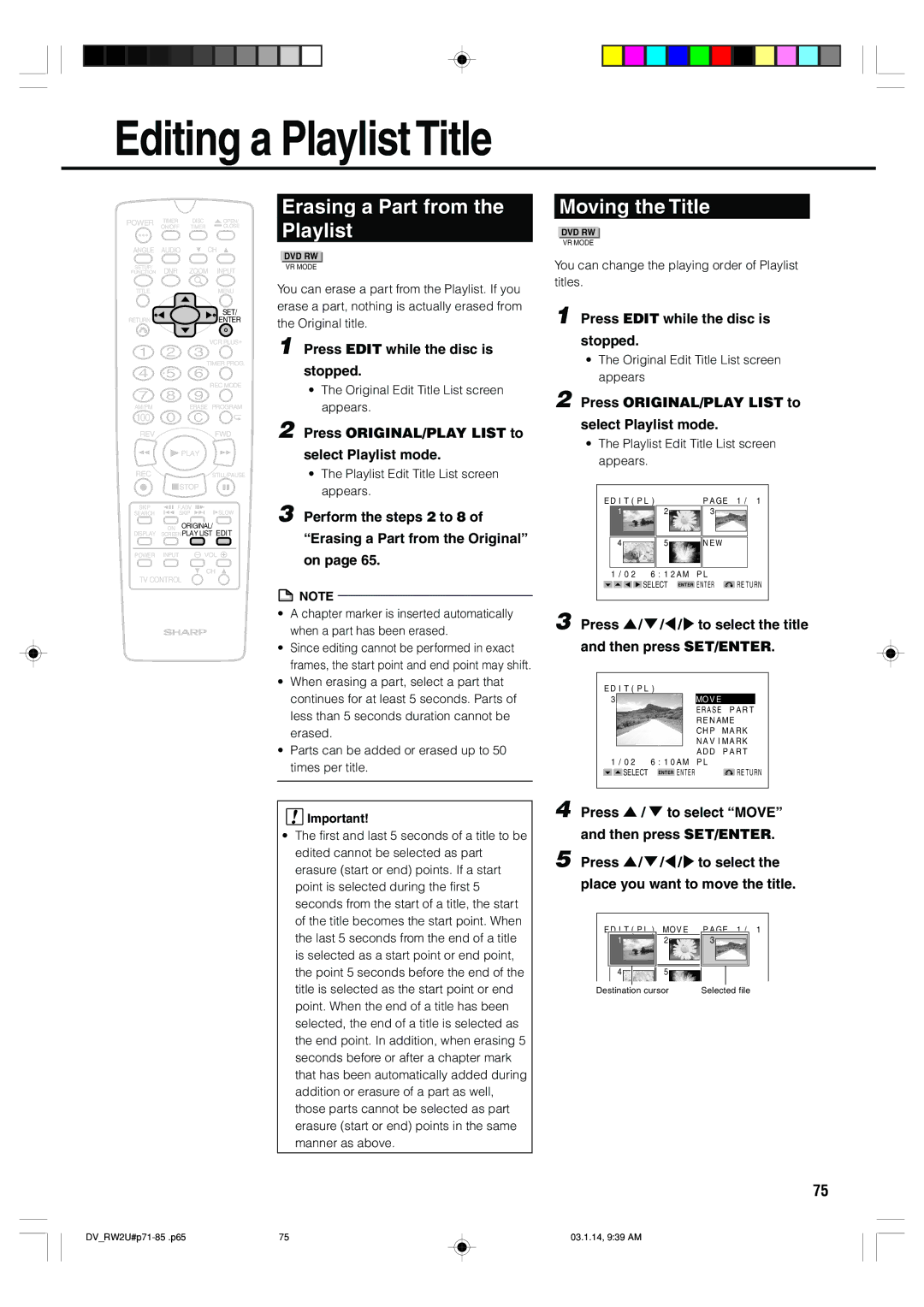 Sharp DV-RW2U manual Editing a Playlist Title, Erasing a Part from Playlist, Moving the Title 