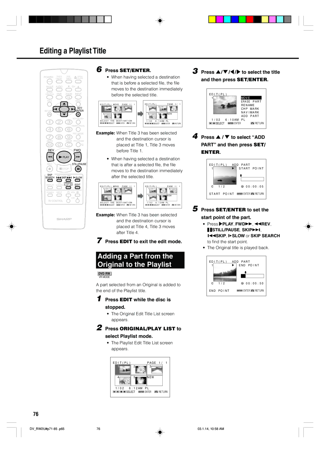 Sharp DV-RW2U manual Editing a Playlist Title, Adding a Part from Original to the Playlist 