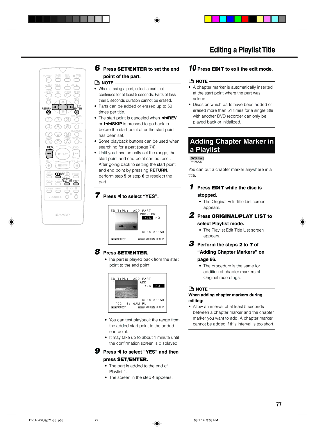 Sharp DV-RW2U manual Adding Chapter Marker Playlist, Perform the steps 2 to 7 Adding Chapter Markers on 