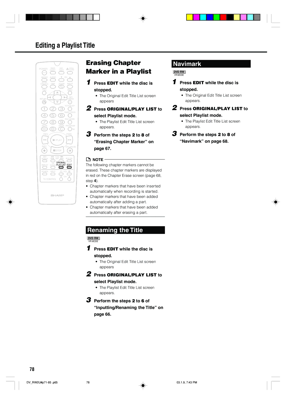 Sharp DV-RW2U Erasing Chapter Marker in a Playlist, Renaming the Title, Perform the steps 2 to 8 Erasing Chapter Marker on 