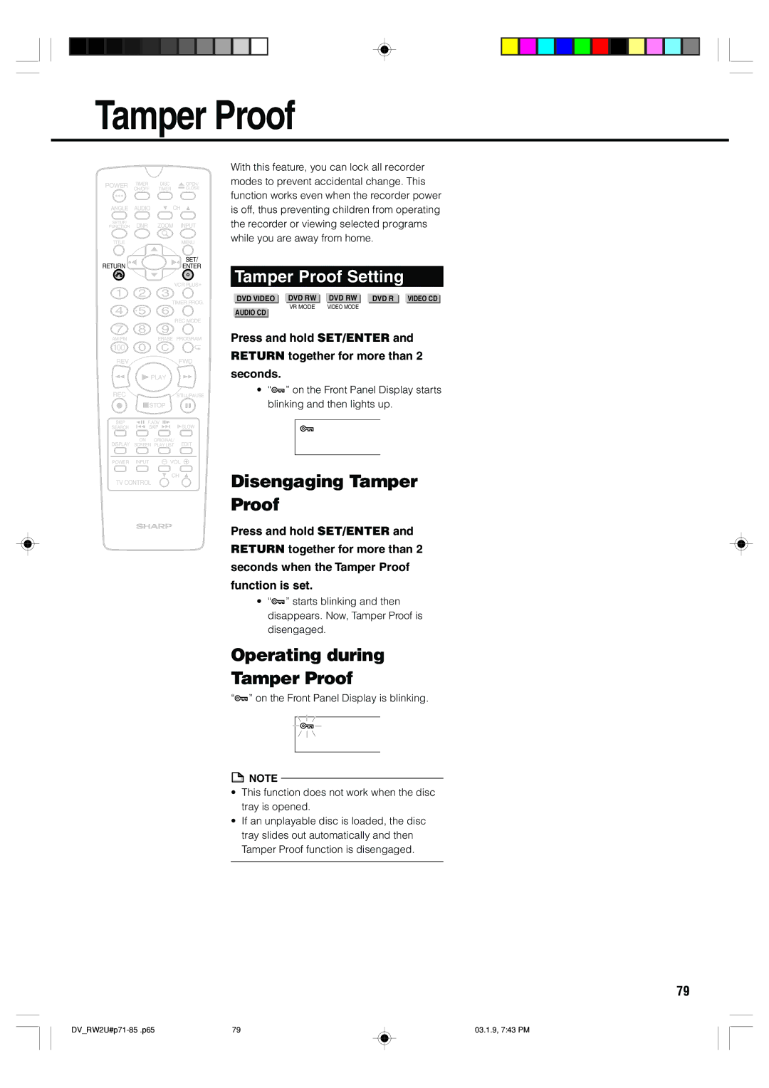 Sharp DV-RW2U manual Disengaging Tamper Proof, Operating during Tamper Proof, Tamper Proof Setting 