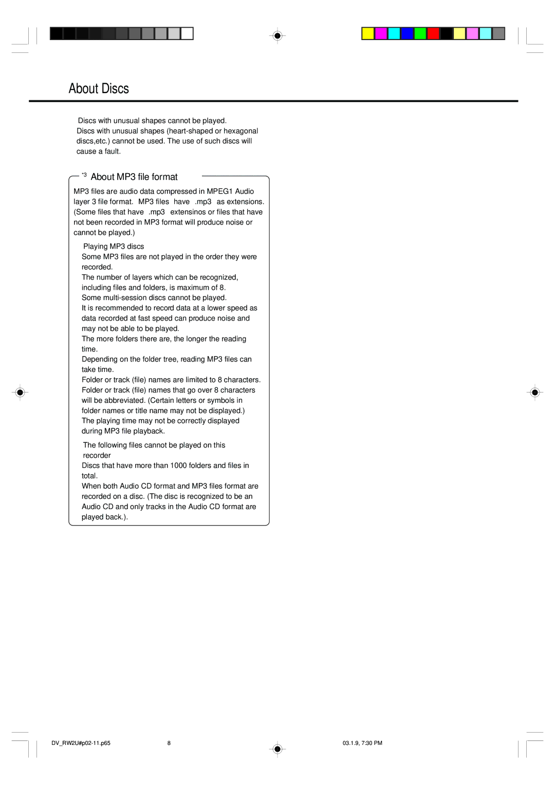 Sharp DV-RW2U manual About Discs, About MP3 file format, Discs with unusual shapes cannot be played, ˝ Playing MP3 discs 