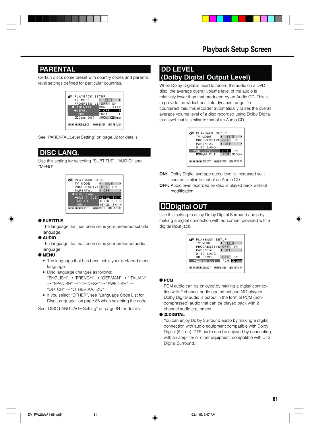 Sharp DV-RW2U manual Playback Setup Screen, Dolby Digital Output Level, Digital OUT 