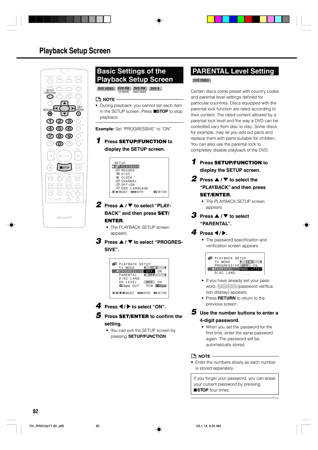 Sharp DV-RW2U manual Basic Settings Playback Setup Screen, Parental Level Setting, Sive 