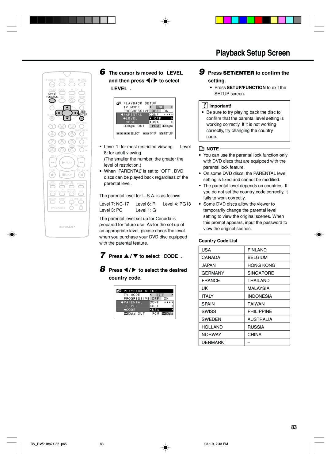 Sharp DV-RW2U manual Cursor is moved to Level and then press \ / to select, Country Code List 