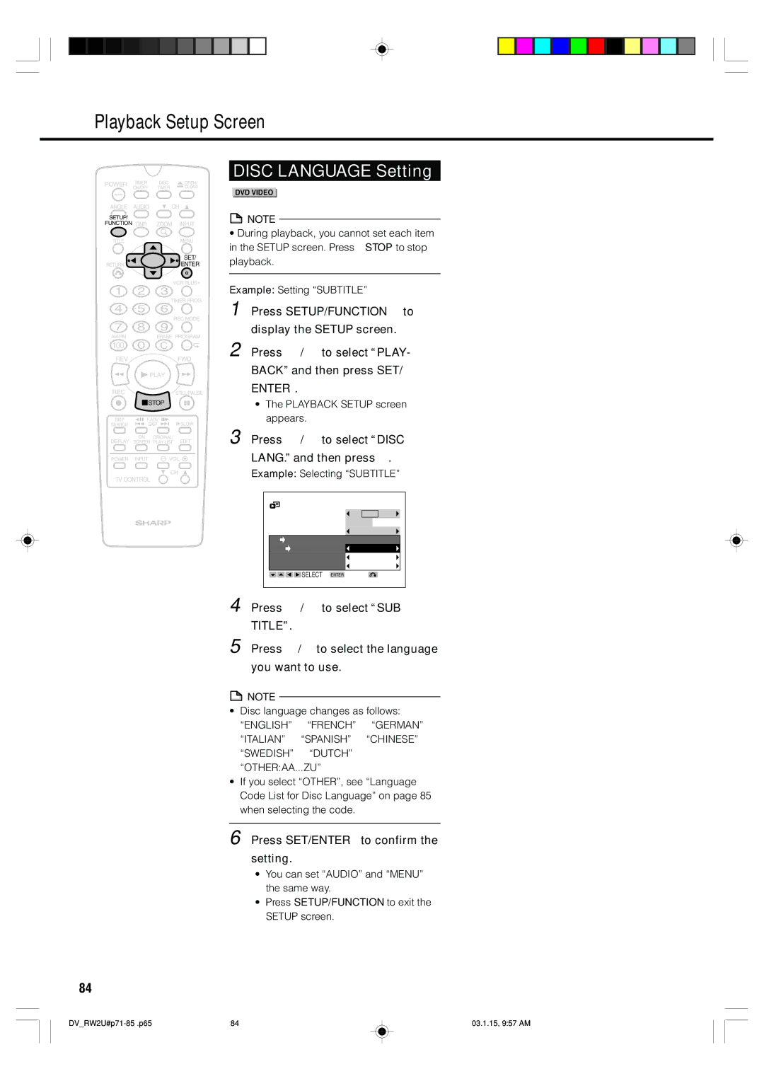 Sharp DV-RW2U manual Disc Language Setting, Press / to select Disc LANG. and then press, Press / to select SUB, Title 