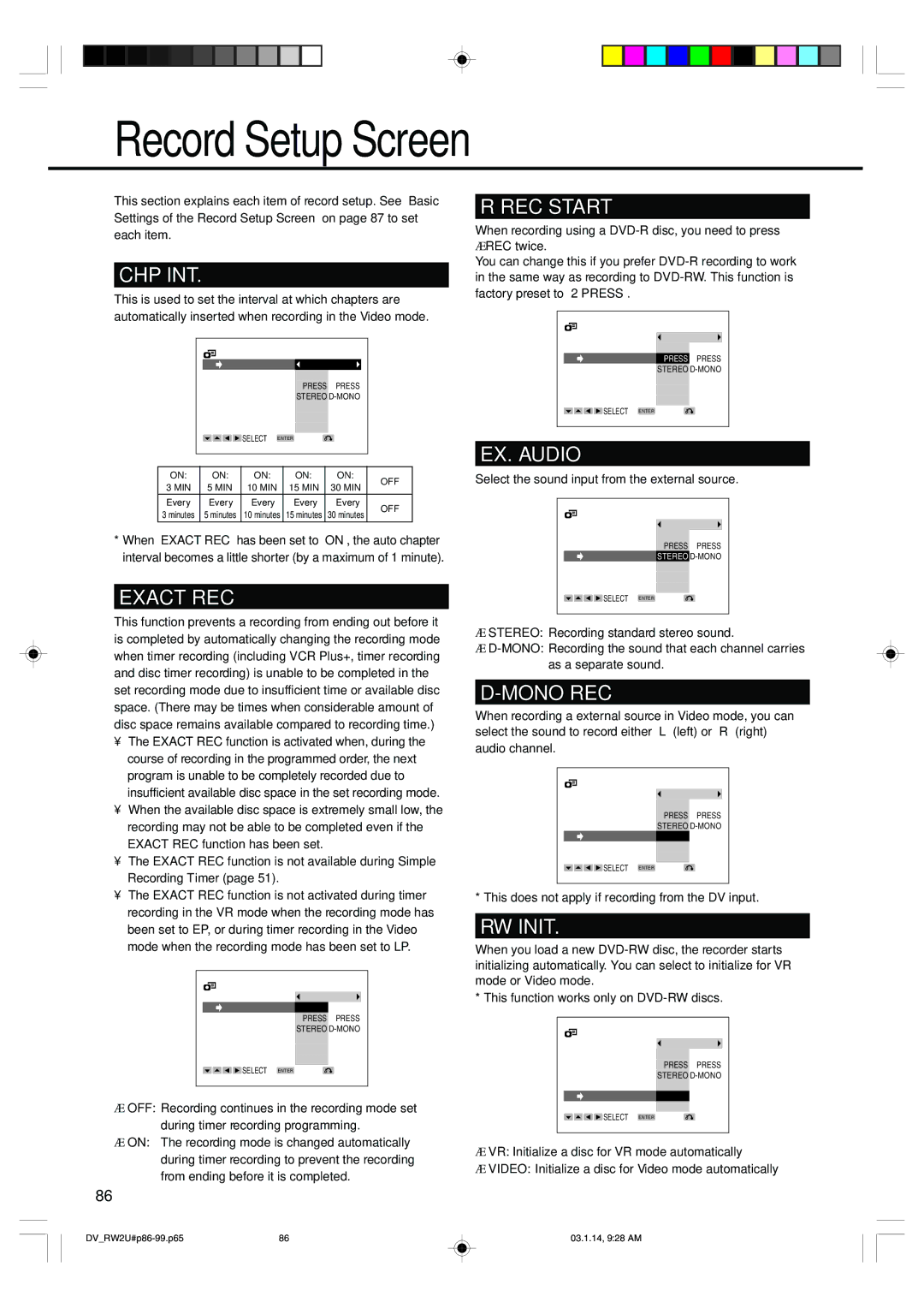 Sharp DV-RW2U manual Record Setup Screen, Select the sound input from the external source 