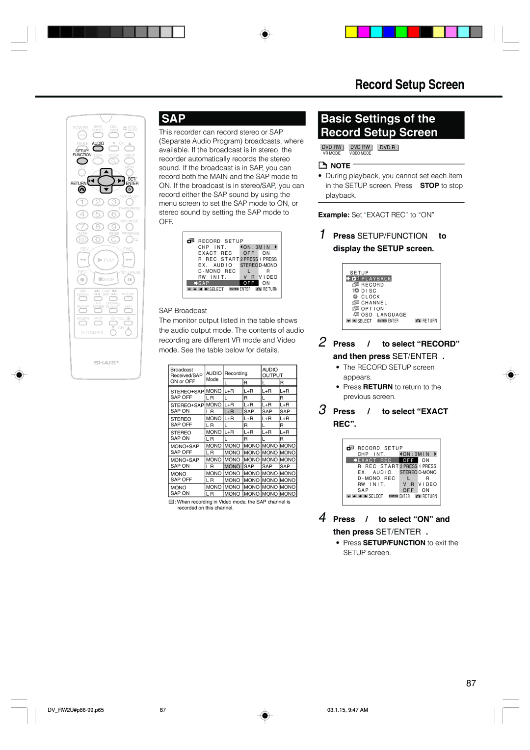 Sharp DV-RW2U manual Basic Settings Record Setup Screen 