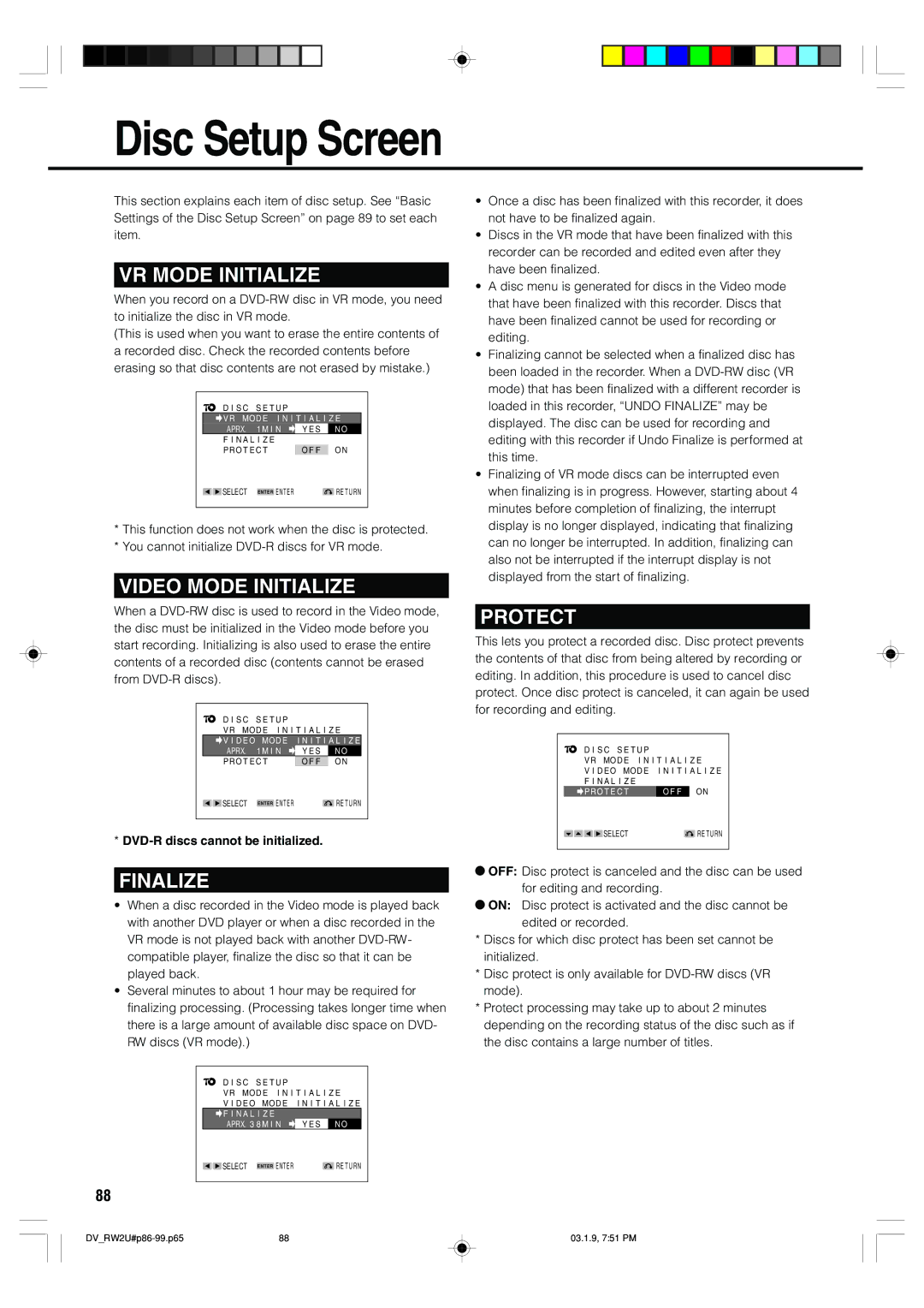 Sharp DV-RW2U manual Disc Setup Screen, DVD-R discs cannot be initialized 