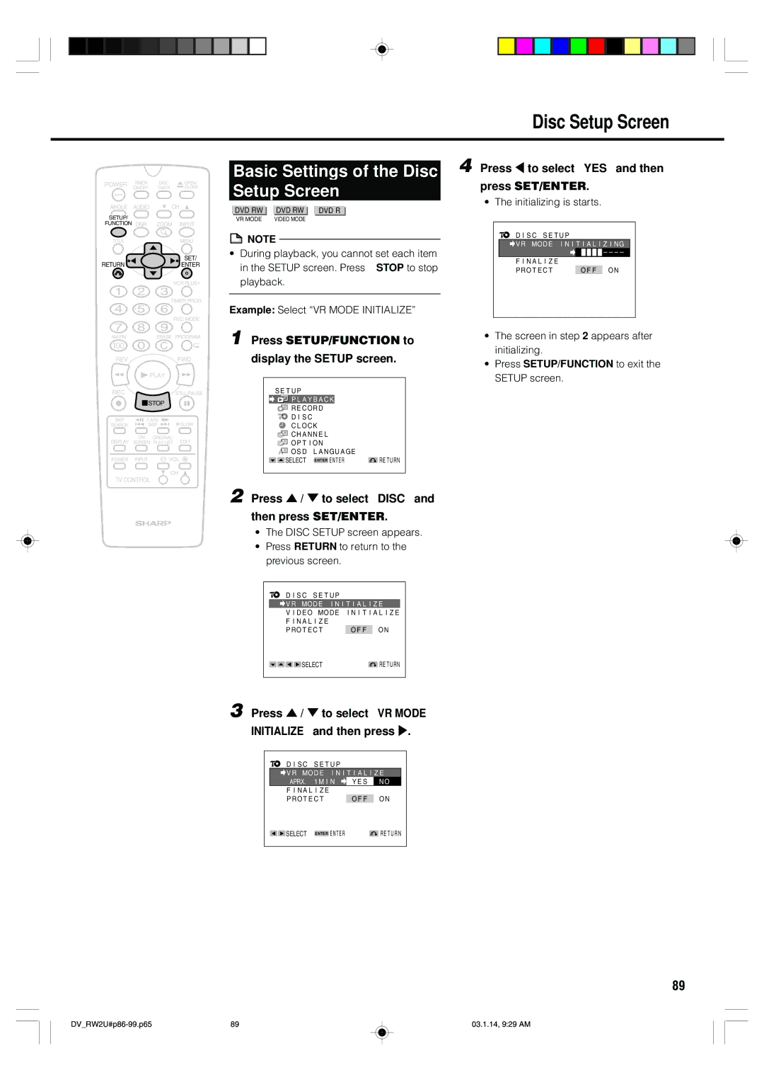 Sharp DV-RW2U manual Basic Settings of the Disc, Setup Screen, Press / to select Disc Then press SET/ENTER 