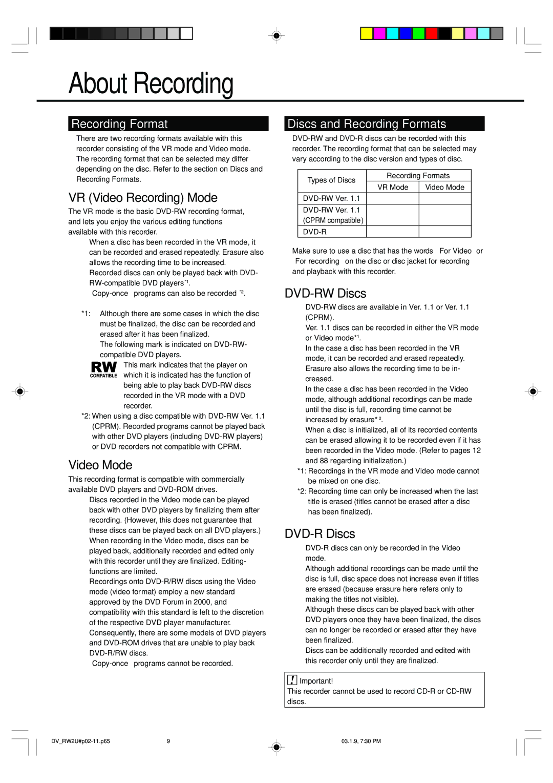 Sharp DV-RW2U manual About Recording, VR Video Recording Mode, Video Mode, DVD-RW Discs, DVD-R Discs 