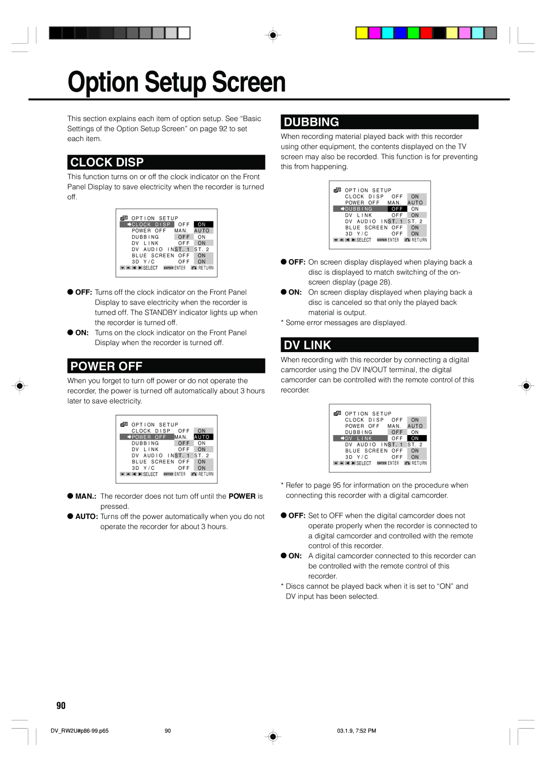 Sharp DV-RW2U manual Option Setup Screen, Clock Disp 