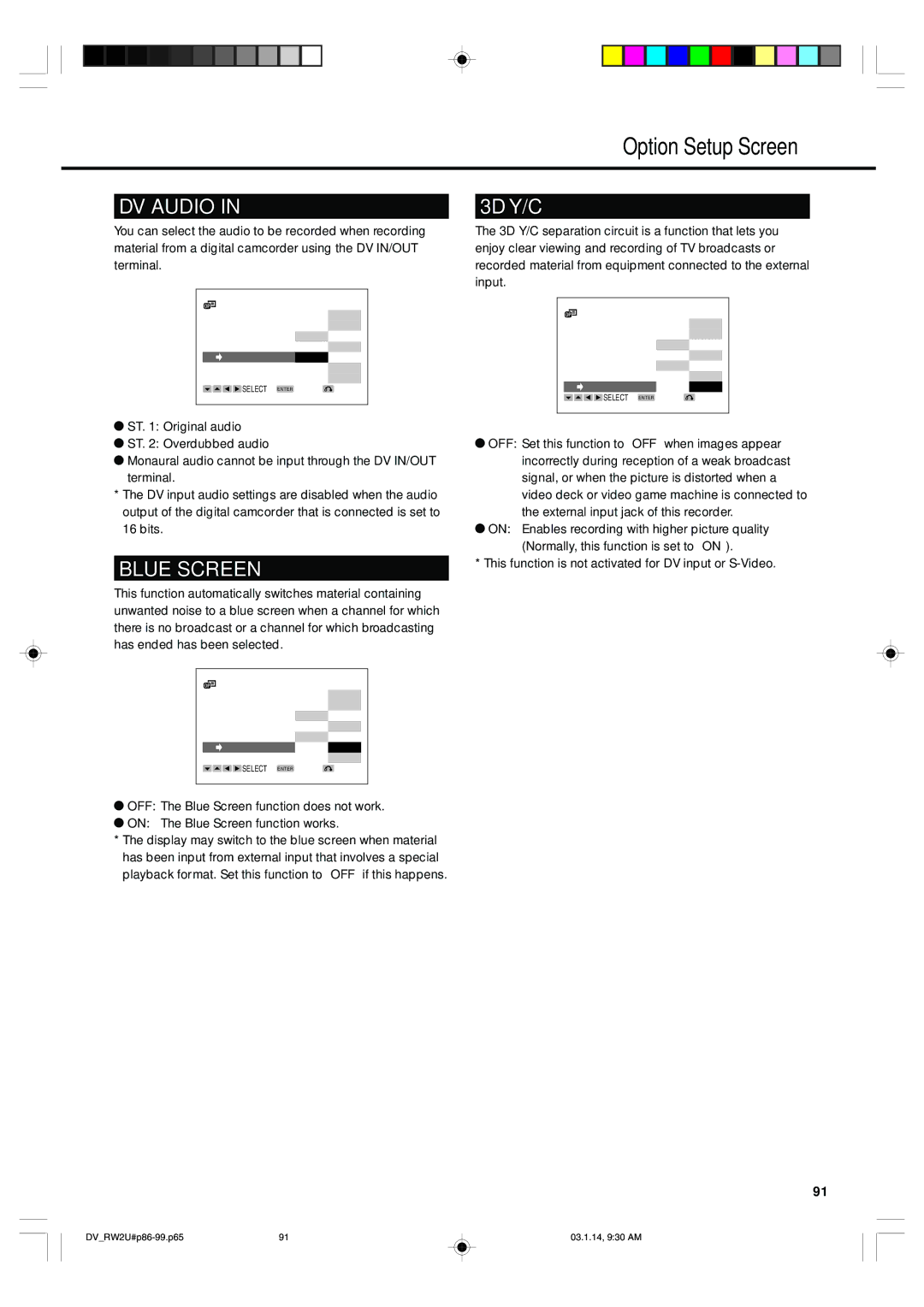 Sharp DV-RW2U manual Option Setup Screen, 3D Y/C 