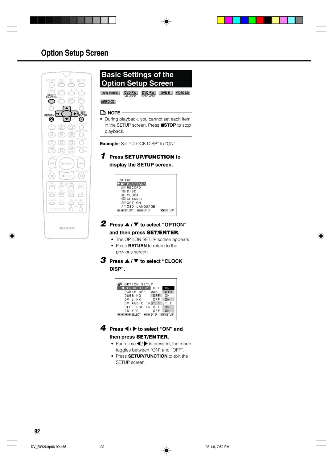 Sharp DV-RW2U Basic Settings Option Setup Screen, Press / to select Option Then press SET/ENTER, Press / to select Clock 