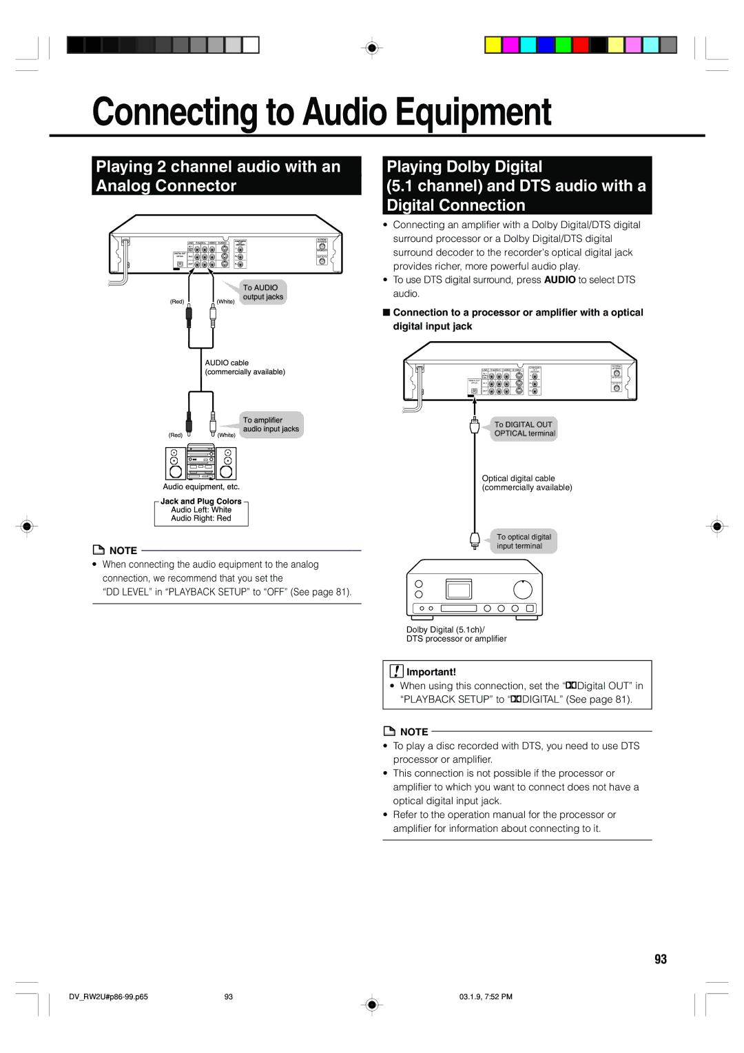 Sharp DV-RW2U manual Connecting to Audio Equipment, Playing 2 channel audio with an Analog Connector, Playing Dolby Digital 