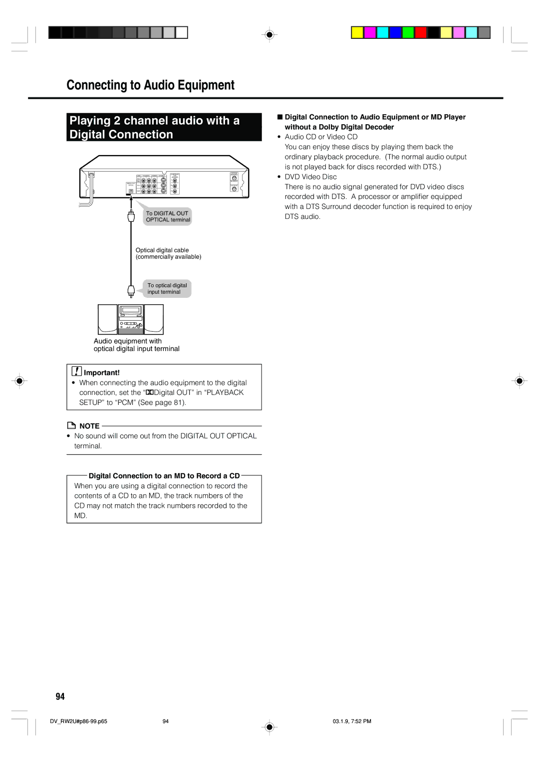 Sharp DV-RW2U manual Connecting to Audio Equipment, Playing 2 channel audio with a Digital Connection 