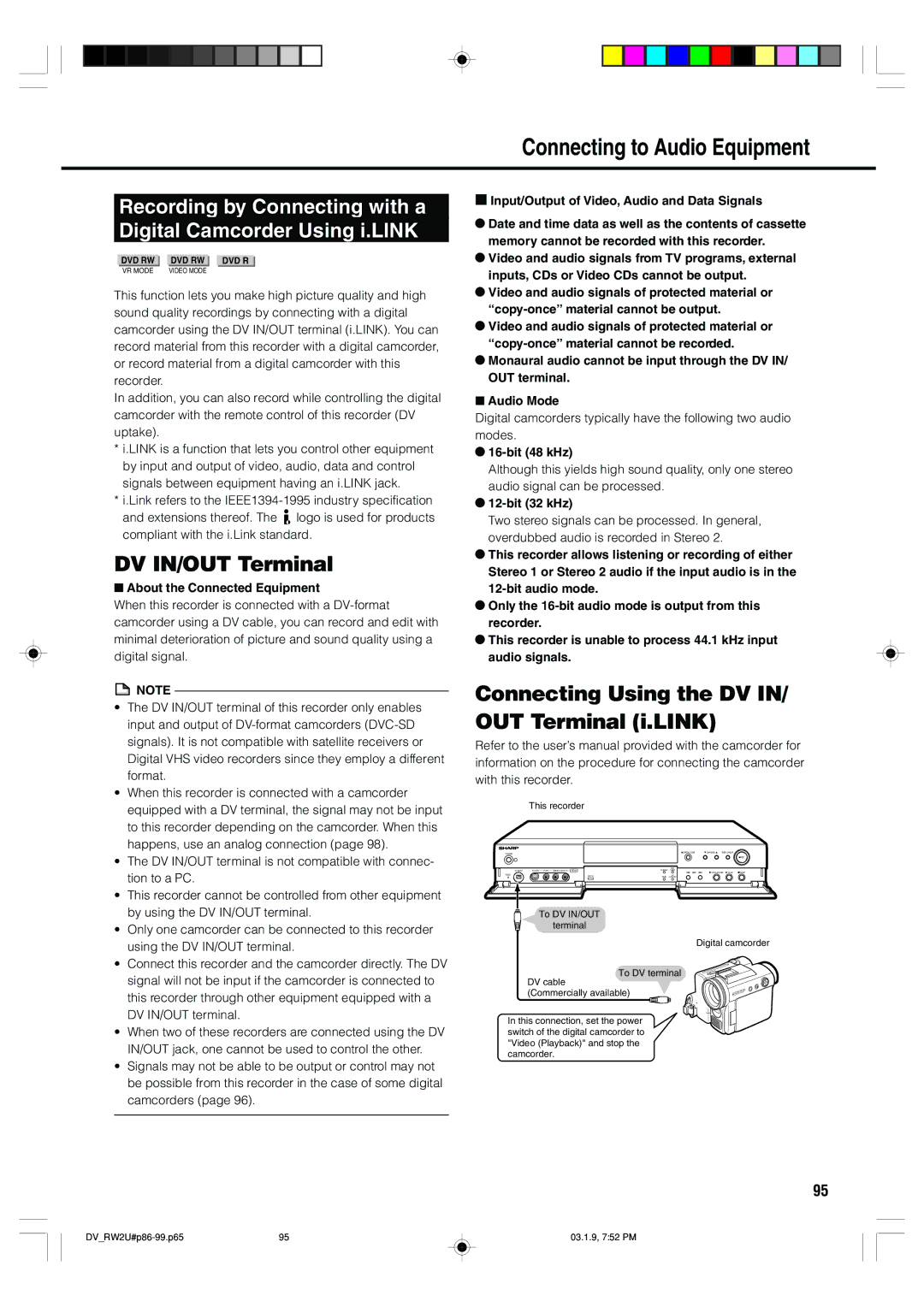 Sharp DV-RW2U manual DV IN/OUT Terminal, Connecting Using the DV IN/ OUT Terminal i.LINK 