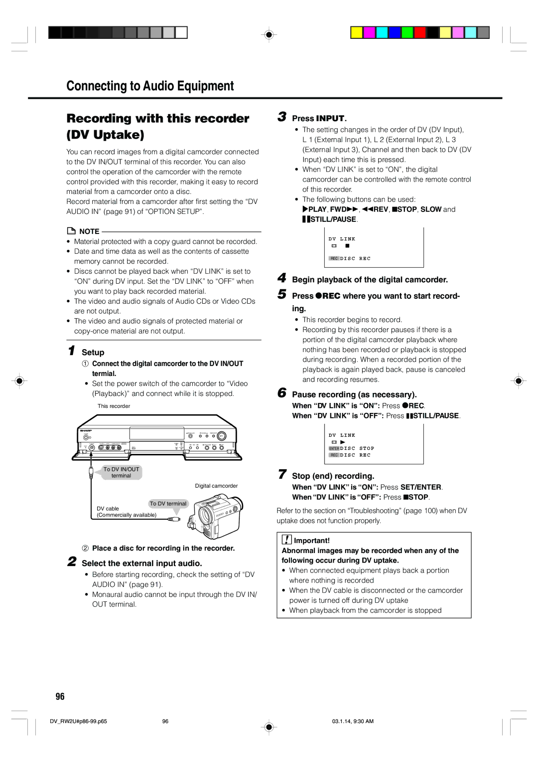 Sharp DV-RW2U manual Recording with this recorder DV Uptake 