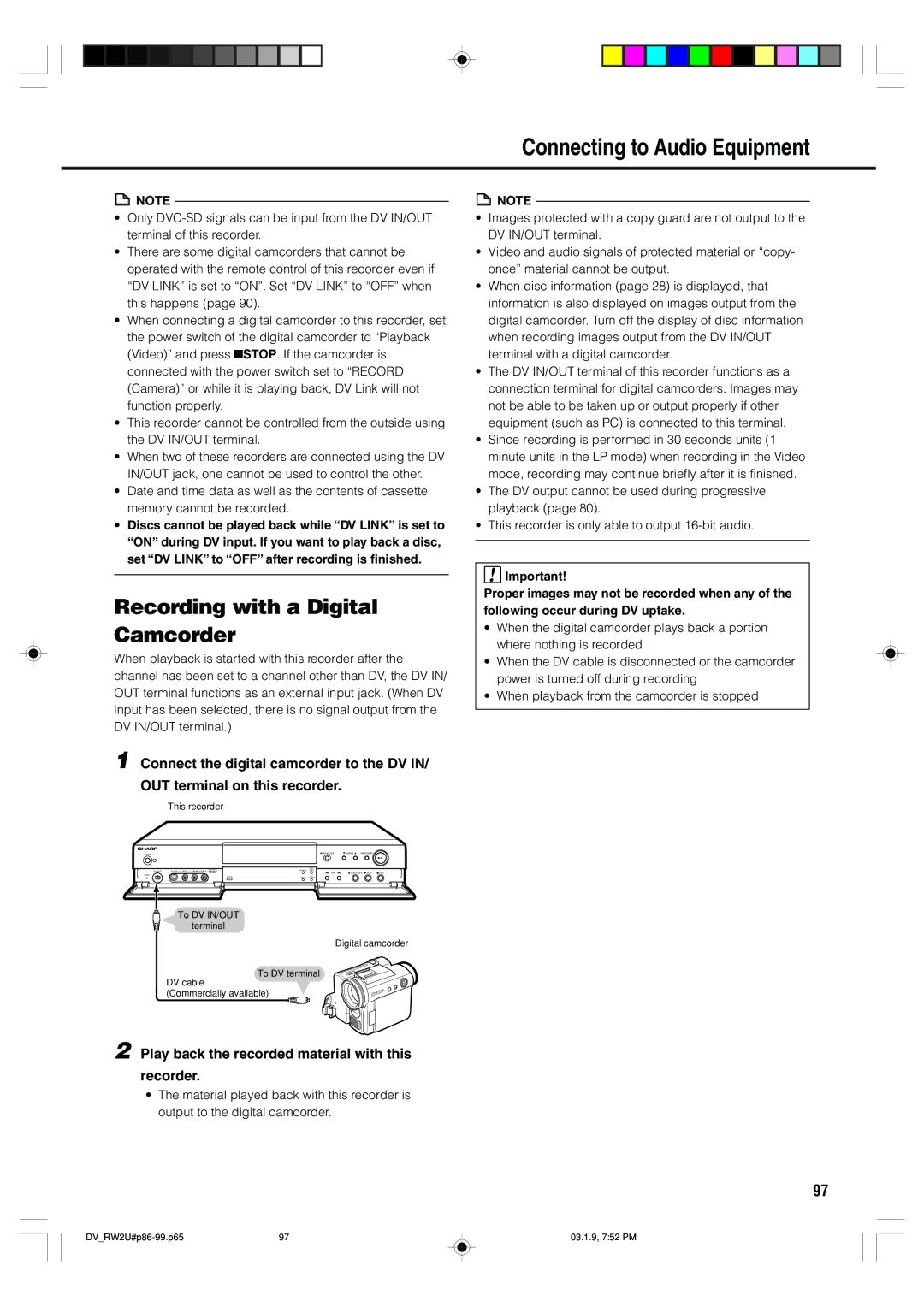 Sharp DV-RW2U manual Recording with a Digital Camcorder, Play back the recorded material with this Recorder 