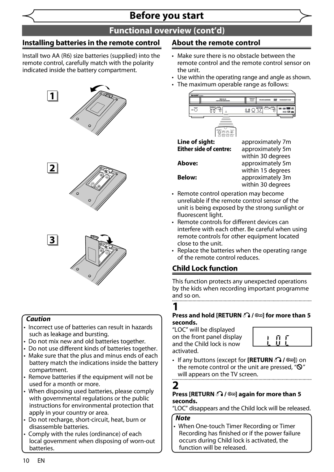 Sharp DV-RW370X operation manual Installing batteries in the remote control, About the remote control, Child Lock function 