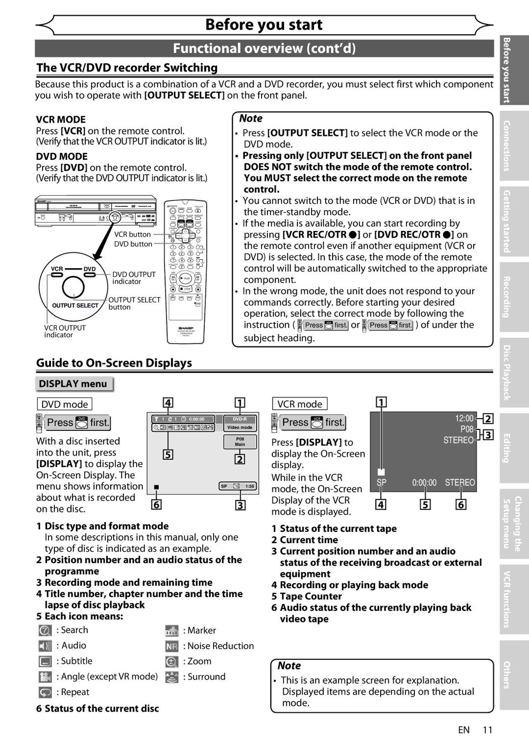 Sharp DV-RW370X operation manual VCR/DVD recorder Switching, Guide to On-Screen Displays, VCR Mode, DVD Mode 