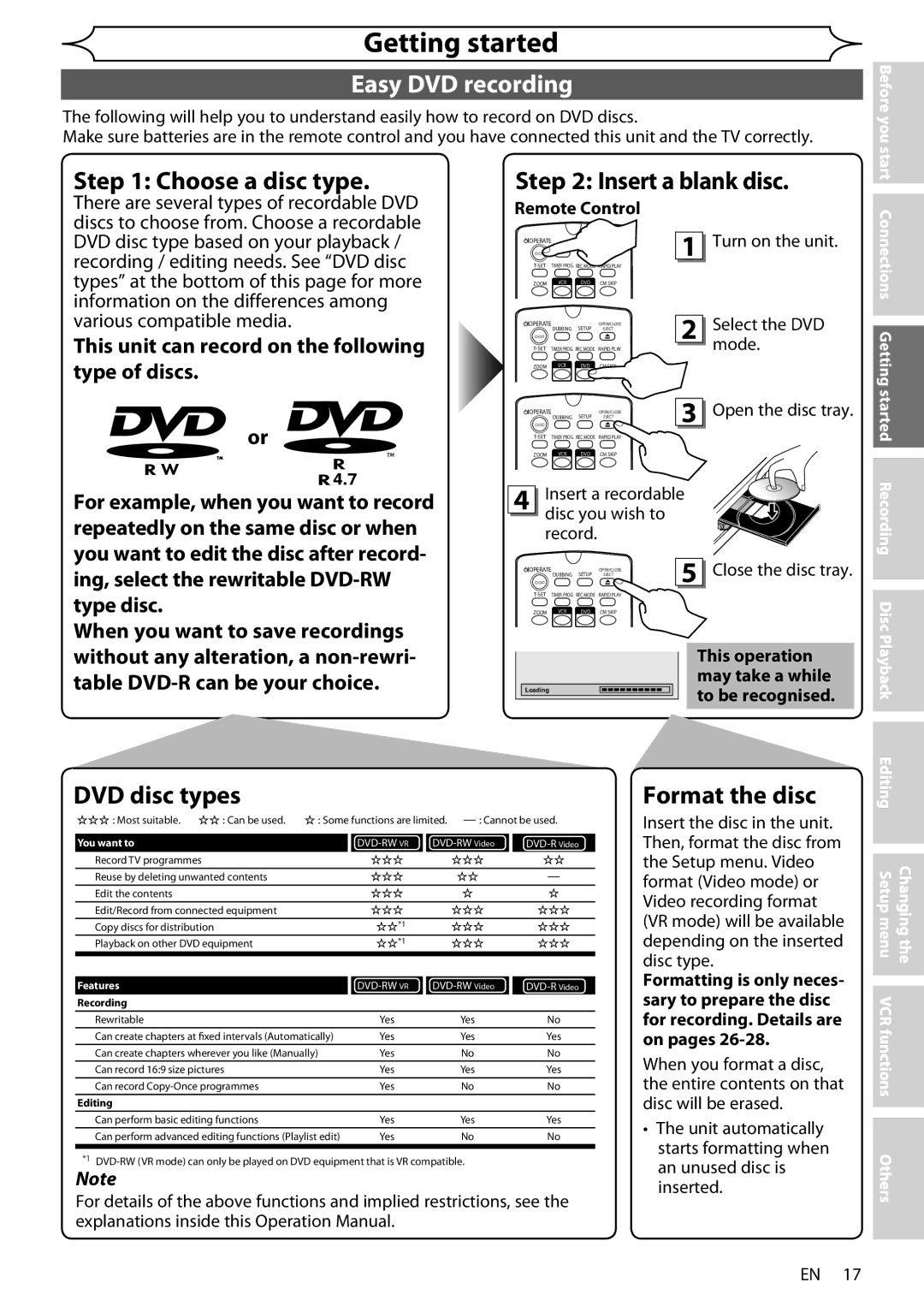 Sharp DV-RW370X Easy DVD recording, This unit can record on the following type of discs, Close the disc tray 