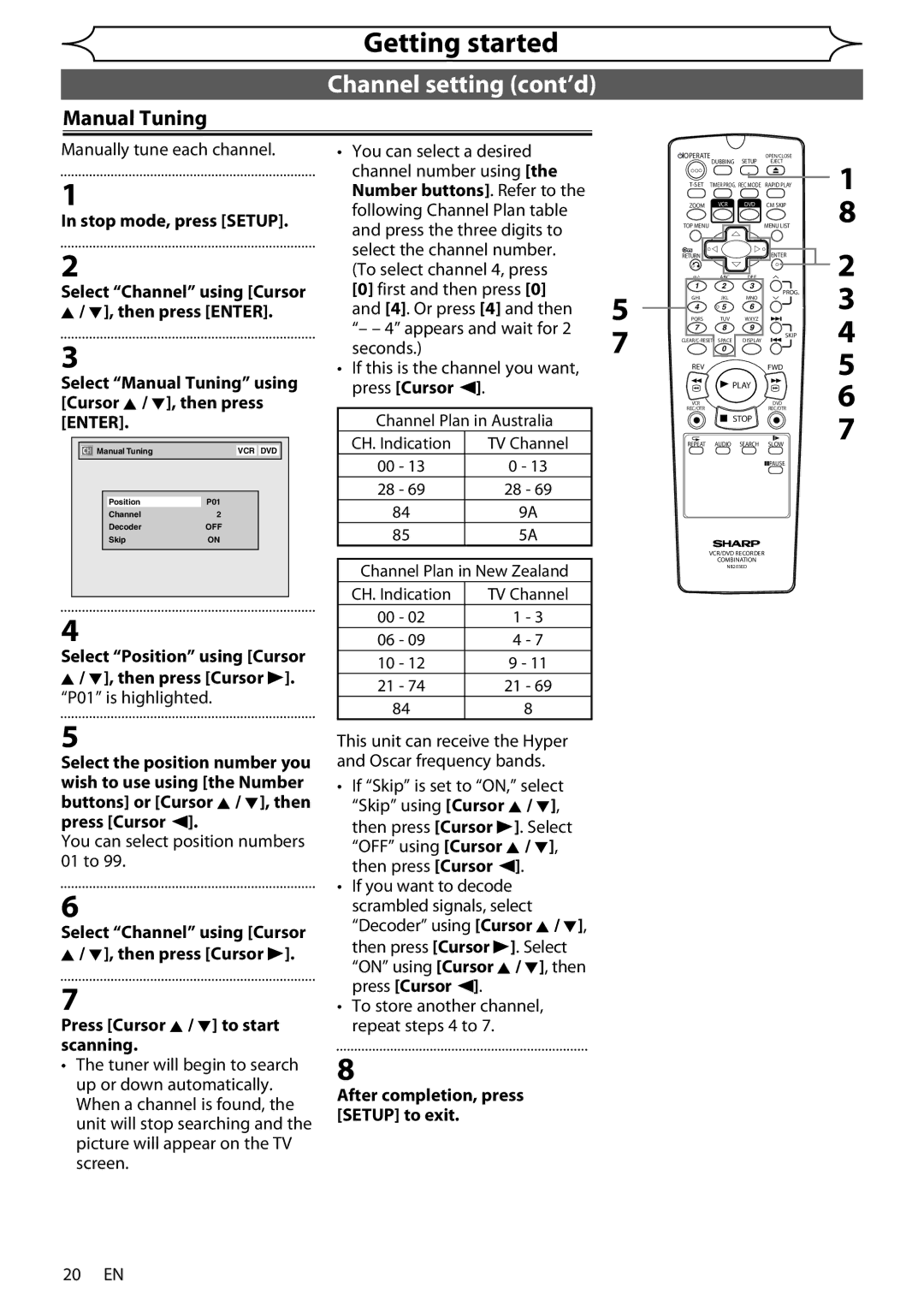 Sharp DV-RW370X operation manual Channel setting cont’d, Select Manual Tuning using Cursor K / L, then press Enter 