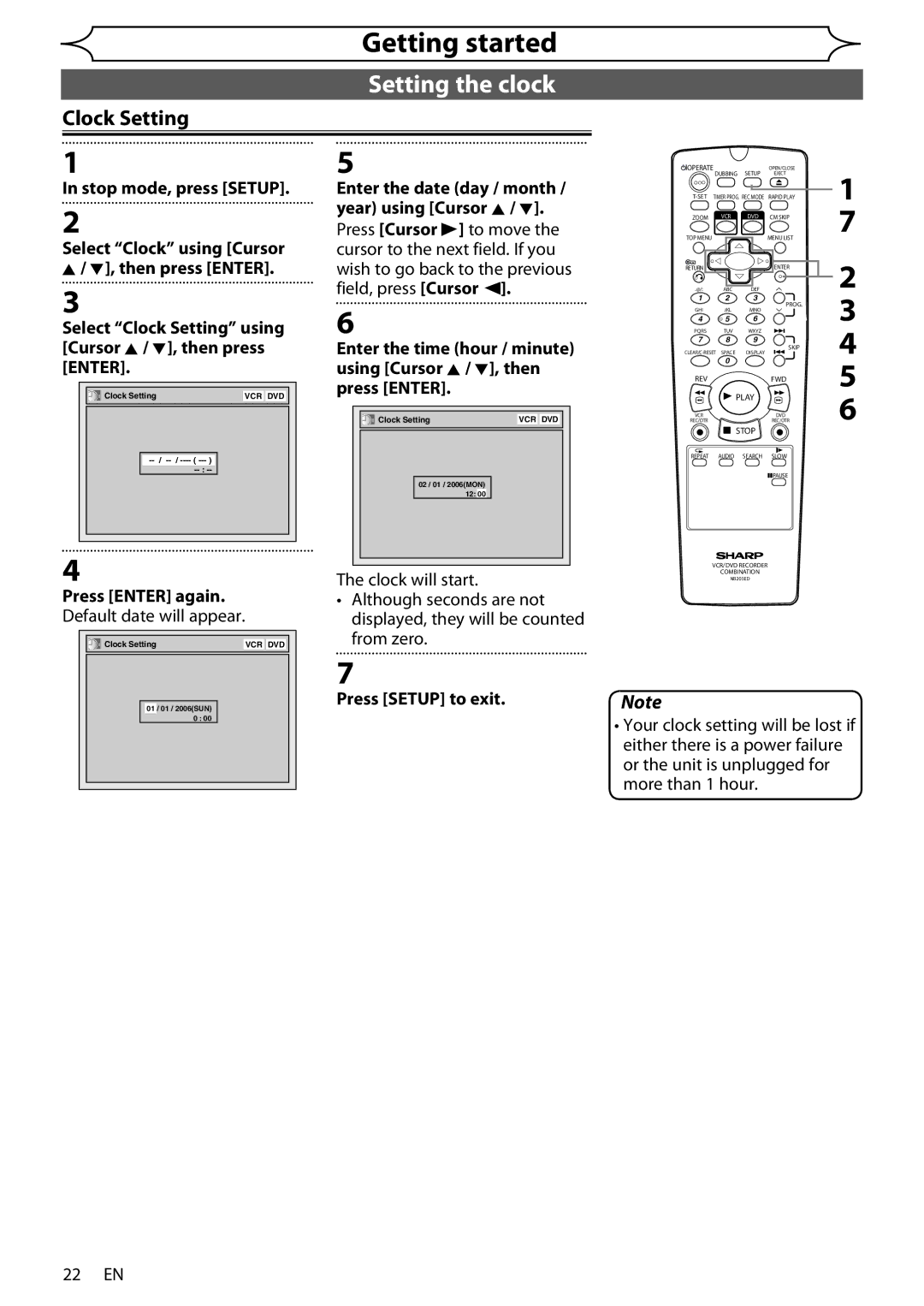 Sharp DV-RW370X Setting the clock, Select Clock Setting using Cursor K / L, then press Enter, Press Enter again 