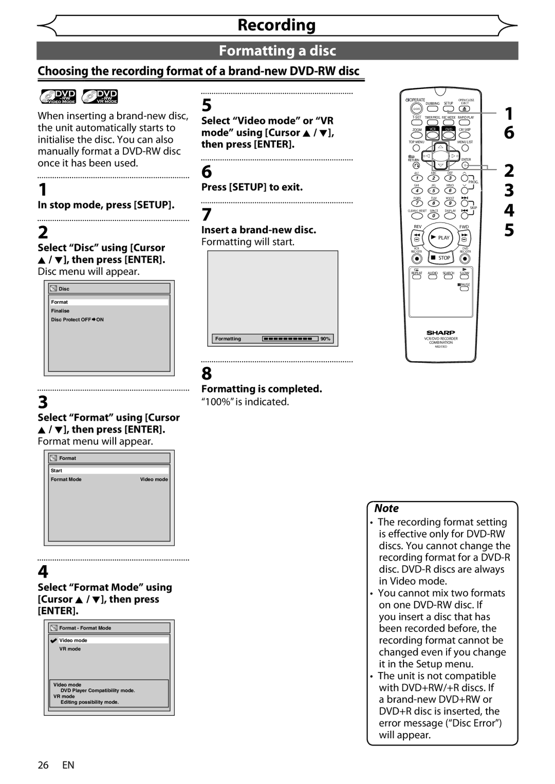 Sharp DV-RW370X Formatting a disc, Choosing the recording format of a brand-new DVD-RW disc, Formatting is completed 