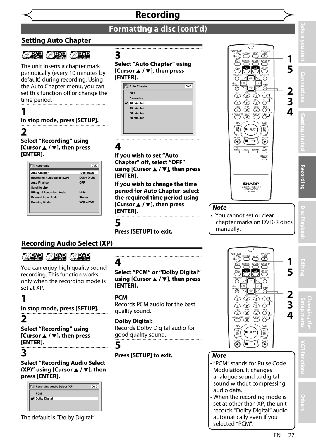 Sharp DV-RW370X operation manual Formatting a disc cont’d, Setting Auto Chapter, Recording Audio Select XP, Pcm 