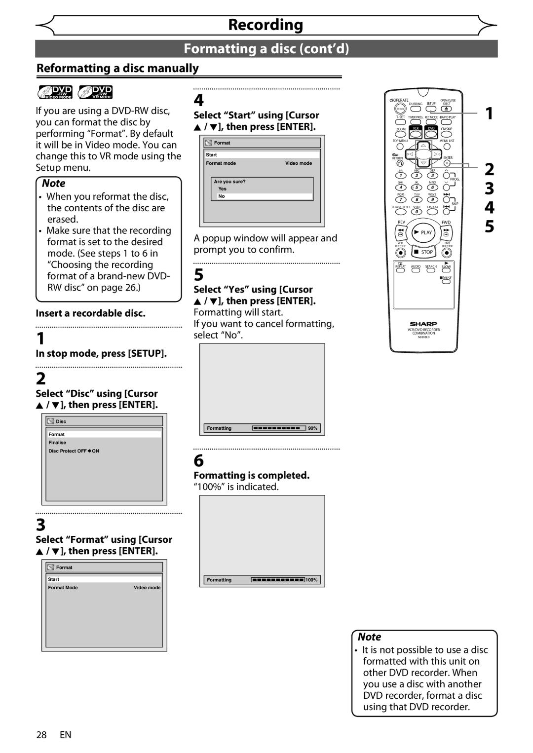 Sharp DV-RW370X operation manual Reformatting a disc manually, Insert a recordable disc Stop mode, press Setup, 28 EN 