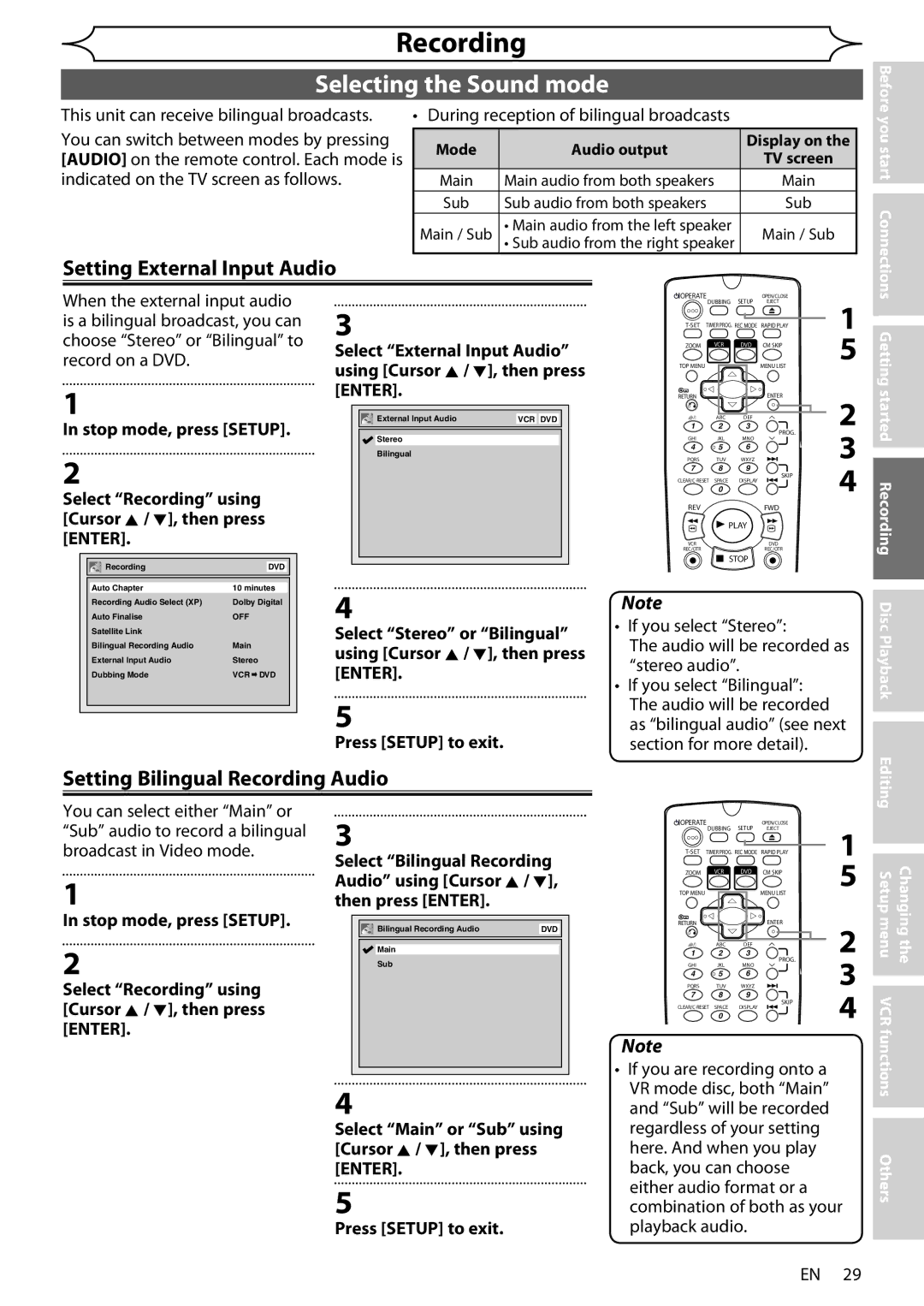 Sharp DV-RW370X operation manual Setting External Input Audio, Setting Bilingual Recording Audio 