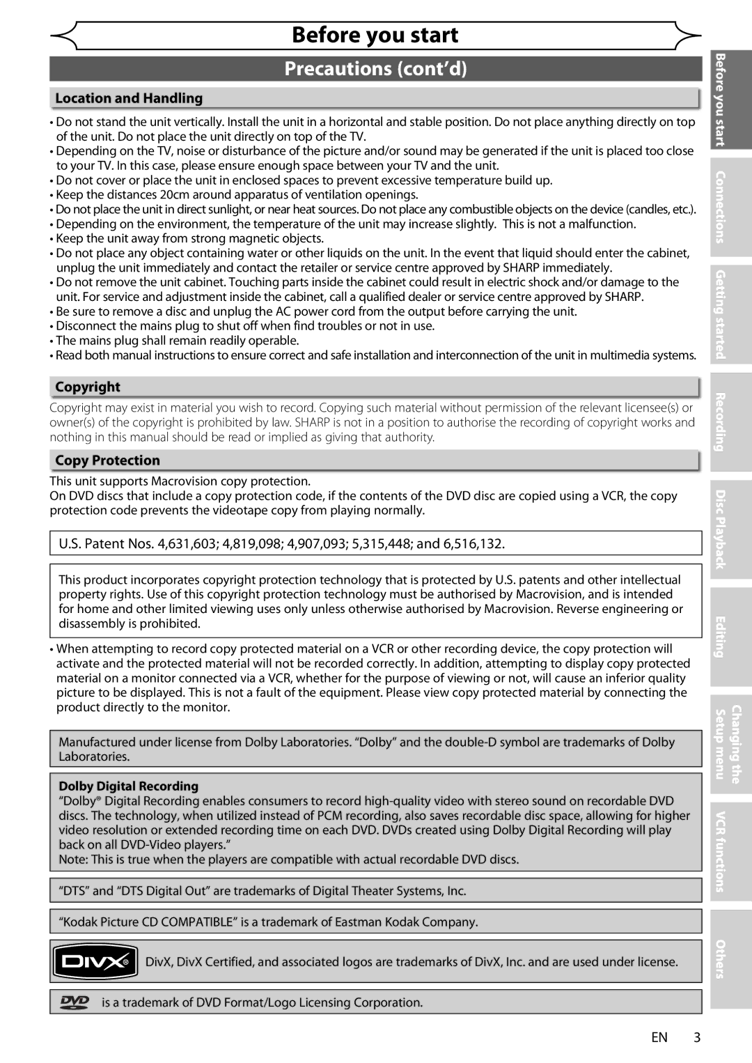 Sharp DV-RW370X operation manual Precautions cont’d, Location and Handling, Copyright, Copy Protection 