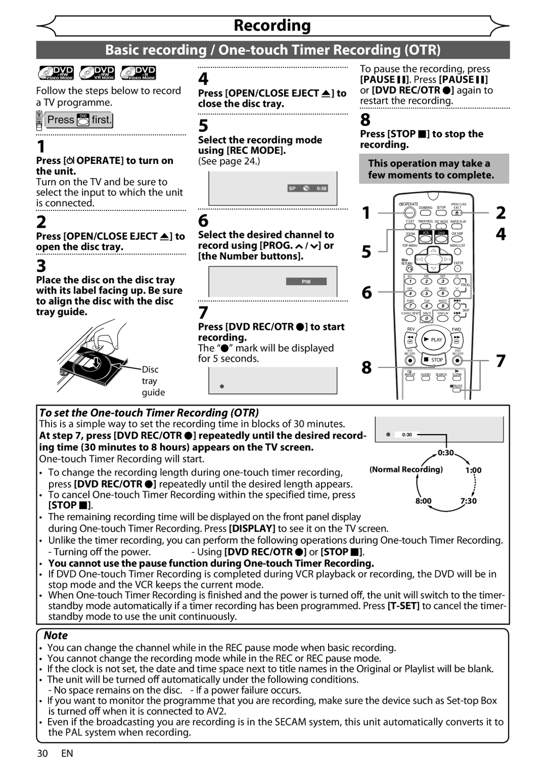 Sharp DV-RW370X operation manual Basic recording / One-touch Timer Recording OTR 