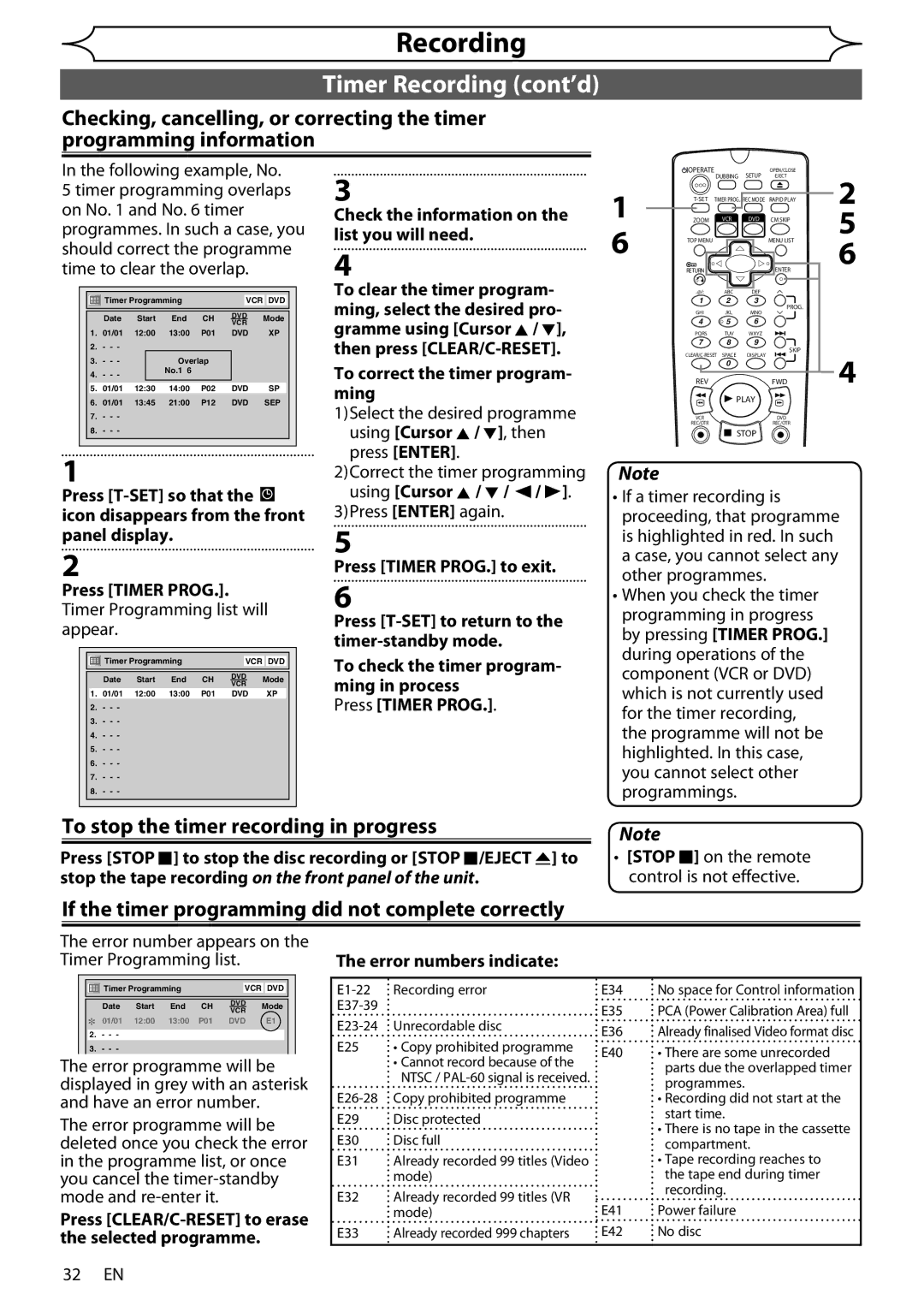 Sharp DV-RW370X operation manual Timer Recording cont’d, To stop the timer recording in progress 