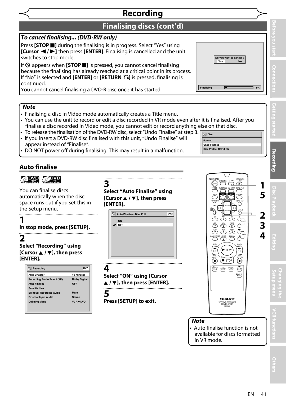 Sharp DV-RW370X FinalisingXXXXdiscscont’dcont’d, Auto finalise, You start Connections, Getting started Recording 