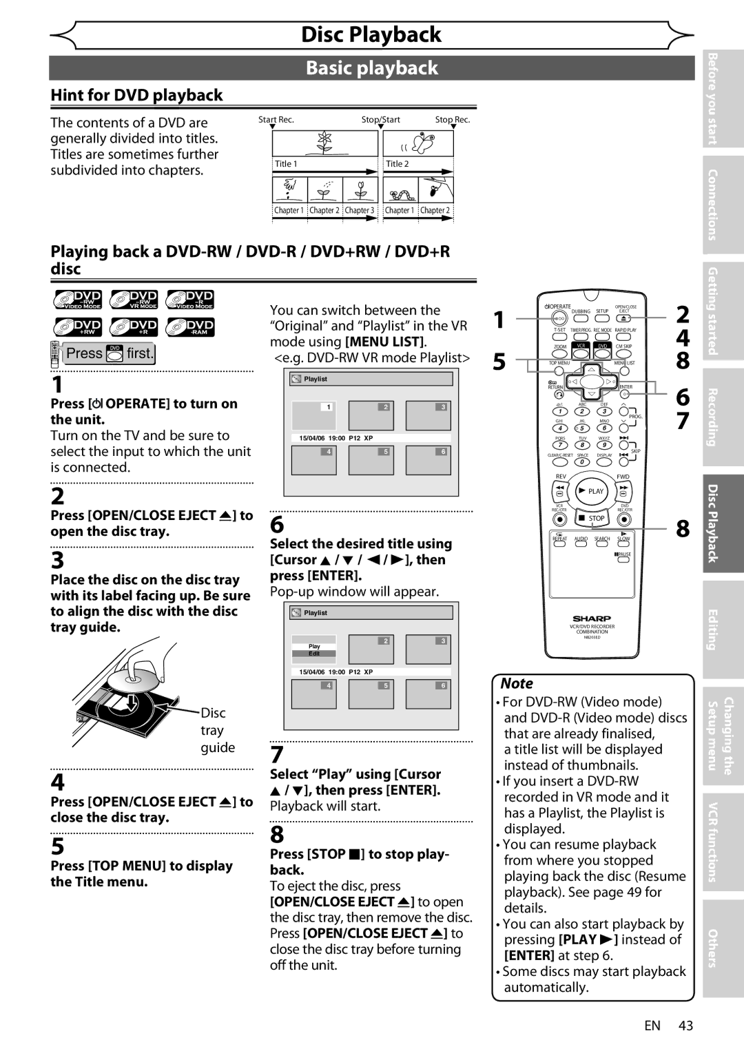 Sharp DV-RW370X operation manual Hint for DVD playback, Playing back a DVD-RW / DVD-R / DVD+RW / DVD+R disc 