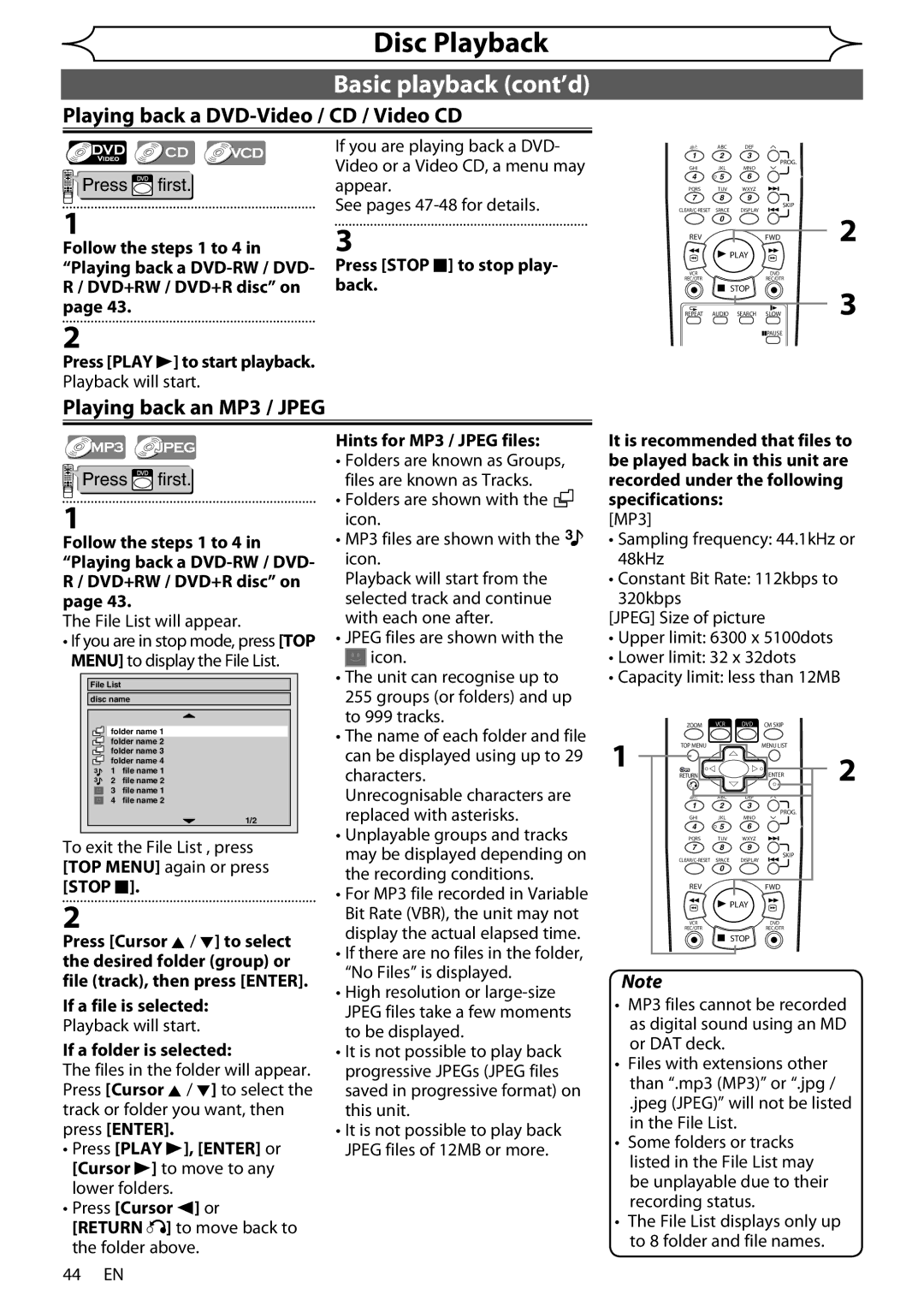 Sharp DV-RW370X Basic playback cont’d, Playing back a DVD-Video / CD / Video CD, Playing back an MP3 / Jpeg 