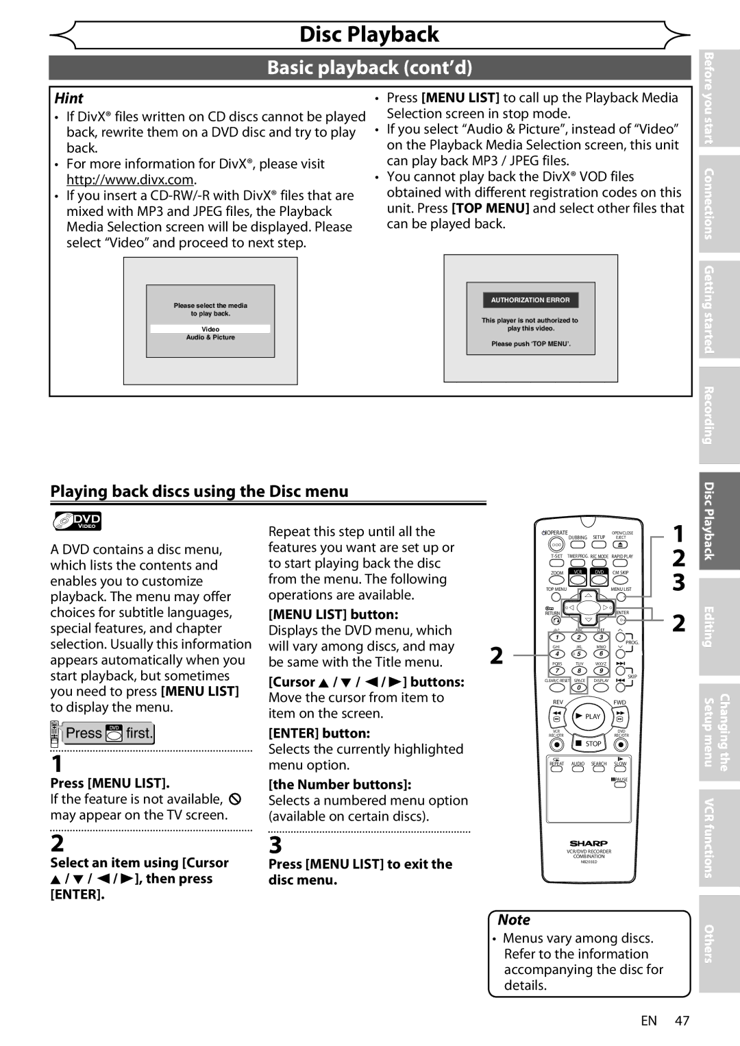 Sharp DV-RW370X operation manual Playing back discs using the Disc menu, Press Menu List, Select an item using Cursor 