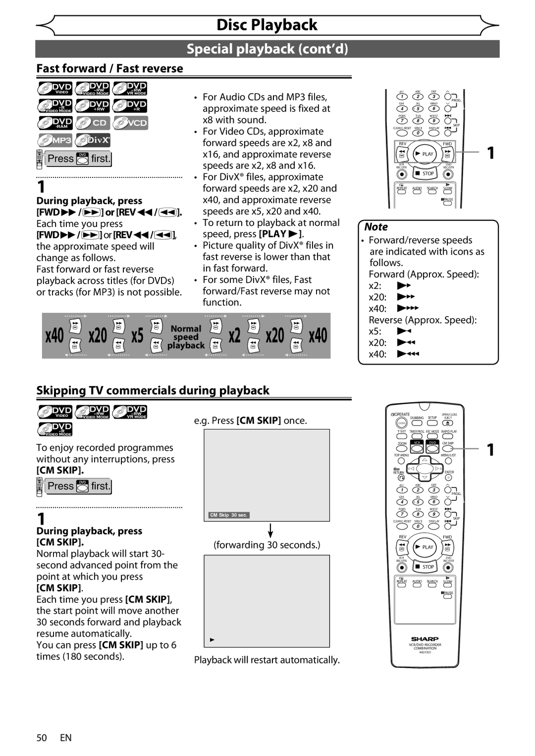 Sharp DV-RW370X Special playback cont’d, Fast forward / Fast reverse, Skipping TV commercials during playback, CM Skip 