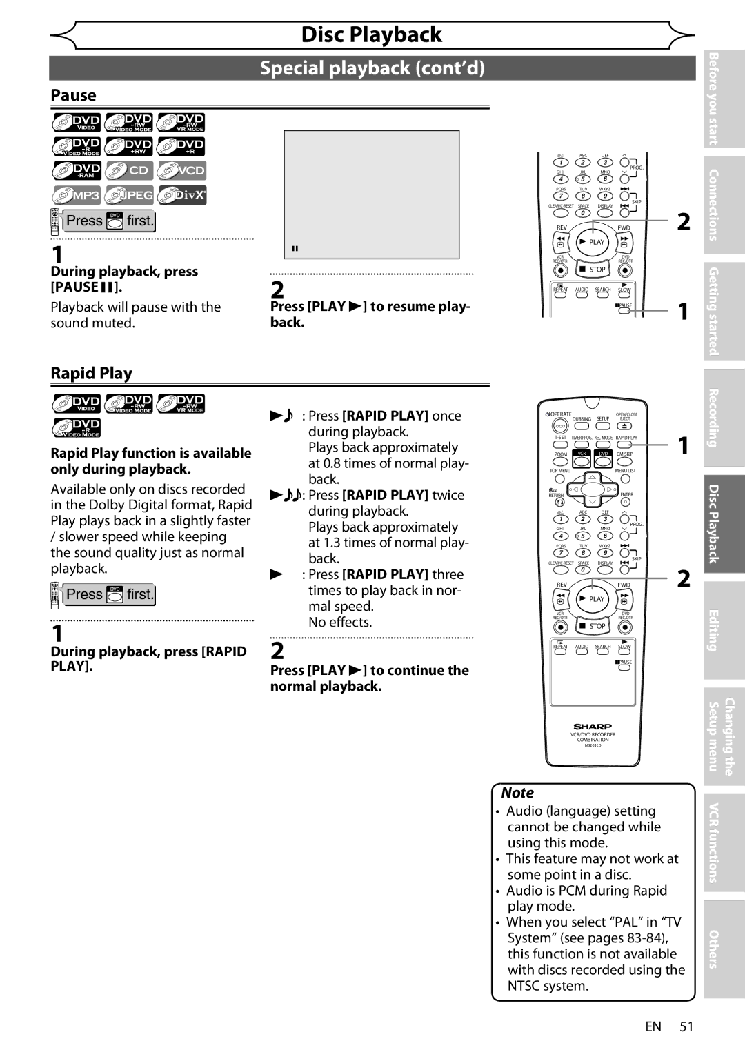 Sharp DV-RW370X operation manual Rapid Play, During playback, press Pause F, Press Play B to resume play- back 