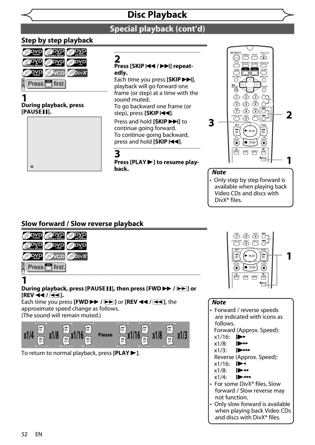 Sharp DV-RW370X operation manual Step by step playback, Slow forward / Slow reverse playback, 52 EN, Pause 